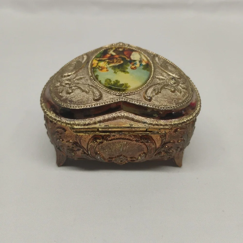 Vintage Victorian Ornate Japan Gold Tone Metal Trinket Box Lined Footed Jewelry